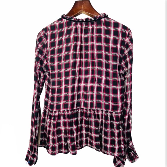 Ann Taylor LOFT•red black plaid tartan long sleeve peplum top medium - Picture 2 of 7